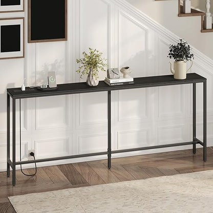 78.7" Console Table with Power Outlet, 11.8" Wide Narrow Sofa Table, Industrial Entryway Table with USB Ports, Behind Couch for Entryway, Hallway, Foyer, Living Room, Black CTBK320E01