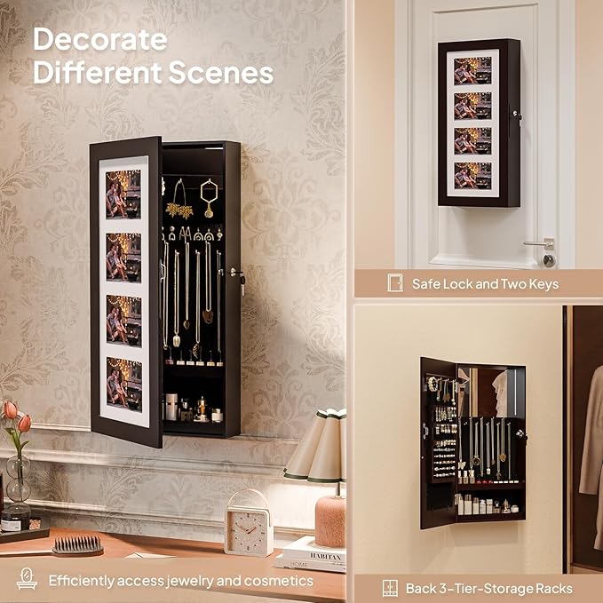 Bonnlo Jewelry Armoire with Photo Frame, Inner Mirror,23.62 x 11.81 x 3.55 inch, Key Storage Cabinet, Lockable Design,Wall Mount (dark brown)