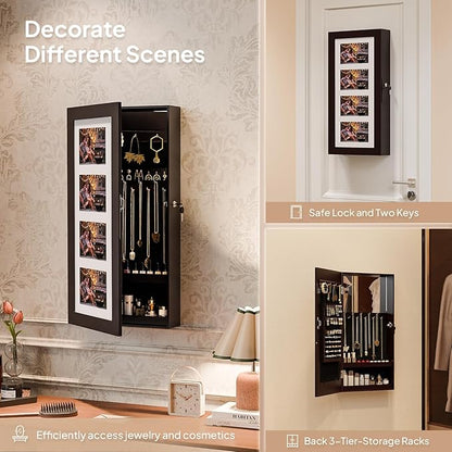 Bonnlo Jewelry Armoire with Photo Frame, Inner Mirror,23.62 x 11.81 x 3.55 inch, Key Storage Cabinet, Lockable Design,Wall Mount (dark brown)