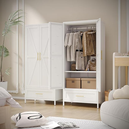 Aobabo Metal Wardrobe Cabinet with 1 Drawer, 71" H Metal Armoire Wardrobe Closet with 1 Adjustable Shelf and Hanging Rod for Home, Laundry Room, Office, Installation Required, White
