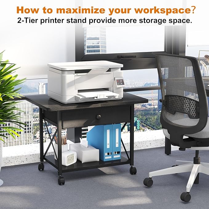 EasyCom 23.6" x 15.7" Under Desk Printer Stand with Storage Drawer, 2-Tier Shelf Desktop Printer Table for Desk with Wheels, Large Rolling Cart for Home Office Fits 3D Printer Scanner Black