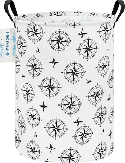 LANGYASHAN Laundry Basket Canvas Fabric Collapsible Organizer Basket for Storage Bin Toy Bins Gift Baskets Bedroom Clothes Children Nursery Hamper (Black Compass)