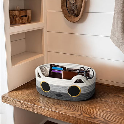 Cat Toy Basket, Small Woven Cat Toy Storage Box with Cute Ear Handle Indoor, Cotton Rope Storage Bin with Embroidered Face for Home Decor, Pet Bed, Nursery Kids Room Organization, 3-tone Gray