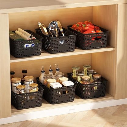 Plastic Storage Basket with Lids 12 Pack Stackable Black Storage Bins Containers with Lid, Decorative Storage Boxes for Organizing Shelves, Drawers, Playroom, Classroom, Office, Closet
