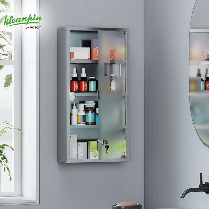 HOMCOM Wall Mounted Medicine Cabinet, Locking Wall Cabinet with 4 Tier Shelves, Stainless Steel Frame and Glass Door, Lockable with 2 Keys, Silver, 12" x 24"