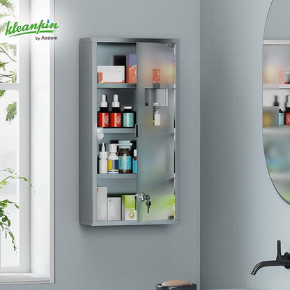 HOMCOM Wall Mounted Medicine Cabinet, Locking Wall Cabinet with 4 Tier Shelves, Stainless Steel Frame and Glass Door, Lockable with 2 Keys, Silver, 12" x 24"