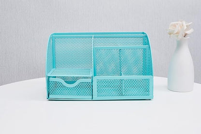 Annova Mesh Desk Organizer Office with 7 Compartments + Drawer/Desk Tidy Candy/Pen Holder/Multifunctional Organizer (Turquoise)