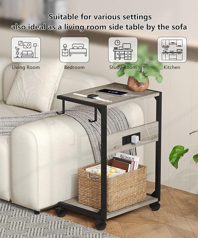 2 Tier Computer Tower Stand with Charging Station, 11.8" D x 16.5" W Rolling Floor PC Tower Stand Fits Under Desk, CPU Holder Cart for Carpet with Hooks, C Shaped End Table for Home Office