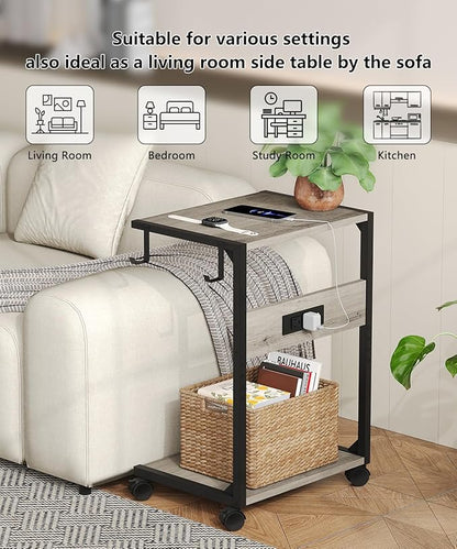 2 Tier Computer Tower Stand with Charging Station, 11.8" D x 16.5" W Rolling Floor PC Tower Stand Fits Under Desk, CPU Holder Cart for Carpet with Hooks, C Shaped End Table for Home Office