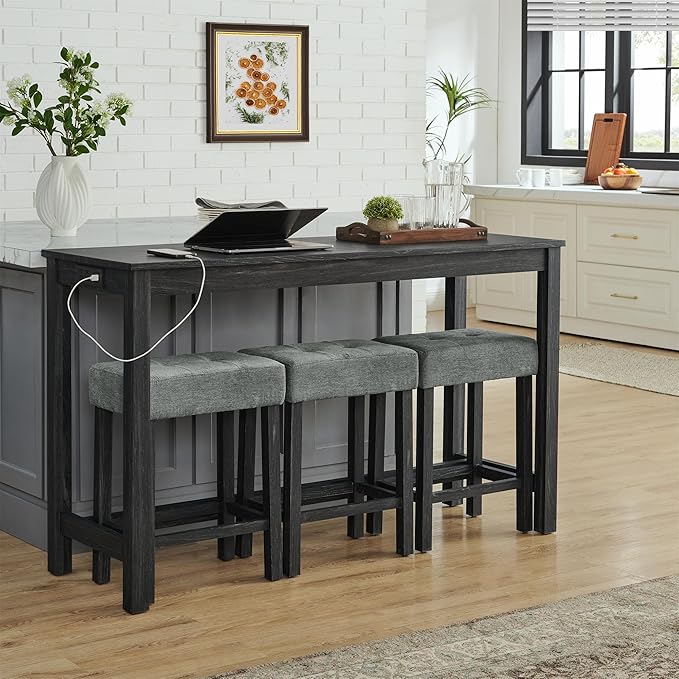 59" Power Outlet Mid Century Console Table, Slim Console Table with Solid Wood Frame, Long Narrow Console Tables for Living Room & Kitchen, Black