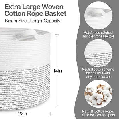 XXXL Large Cotton Rope Blanket Basket for Living Room, Woven Rope Storage Baskets for Organizing, Nursery Kids Toy Baskets Storage Bin Organizer, Baby Laundry Basket Hamper, Decor Basket, 88L