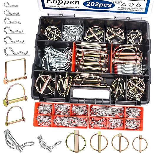 202Pcs Hitch Pins Clip Pins Assortment Kit, Heavy Duty Tractor Pins Linch Pins PTO Pins Tractor Accessories for Trailers, Tractors, Trucks, Lawn Mower