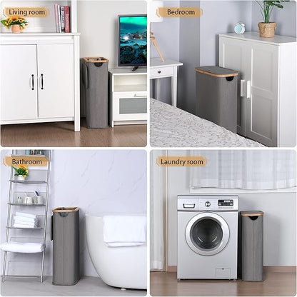 65L Slim Laundry Hamper, Narrow Laundry Basket with Lid,Foldable Clothes Hamper with Bamboo Handles,Hamper Basket with Removable Inner Bag for Laundry Room Bedroom College Dorm,17.17 Gals Grey