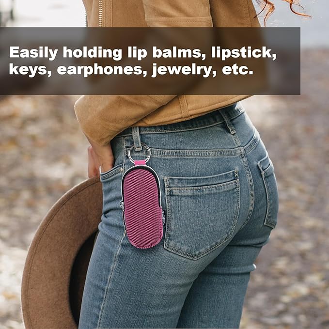 Portable Lip Balm Organizer Case with Keychain, Travel Chapstick Holder Storage Bag, Waterproof Small Cosmetic Organizer, Anti-Lost Lipstick Lip Gloss Sleeve Pouch Keeper Case (Rose Red, Large)