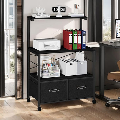 VECELO Large Printer Stand on Brakble Castors, Mobile File Cabinet with 3 Tier Shelf, 2 Drawer Lateral File-Cabinet for Filing Organization, fits Letter Size for Home Office, Black