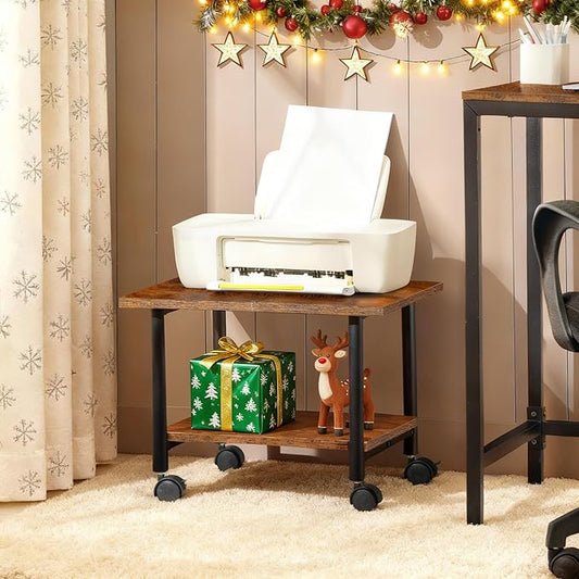HOOBRO Printer Stand, 2-Tier Industrial Under Desk Printer Cart with Shelf, Mobile Heavy Duty Storage Rack on Wheels for Home, Office, Rustic Brown and Black BF02PS01G1