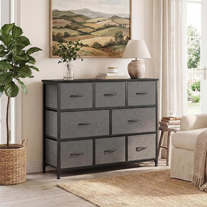DUMOS TV Stand, Dresser with 8 Fabric Drawers, Spacious Storage Tower for Closet, TV Stand with Wood Top and Mental Frame, Storage Unit for Living Rooms, Bedroom and Entryway, Grey