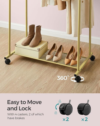 SONGMICS Double Rods Clothes Rack with Wheels, Clothing Rack for Hanging Clothes, Heavy Duty Garment Rack with Mesh Storage Shelf, 2 Brakes, Each Top Rail Holds up to 77 lb, Gold UHSR026A01