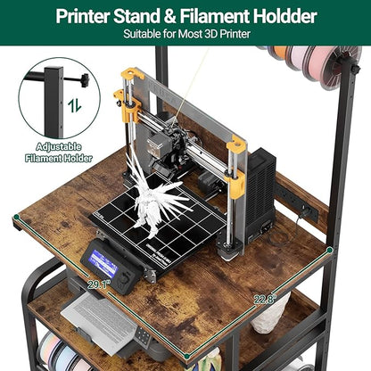 Homieasy Printer Stand with Charging Station, 29.1" x 22.8" Large 3D Printer Table with Filament Storage, Heavy Duty Rolling Printer Cart with 4-Tier Storage for Workshop/Office/Garage, Rustic Brown