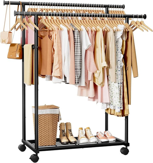 Metal Clothes Rack - Double Rod Clothing Rack with Fixed Design and Rolling Wheels, Coat Rack with Built-In Shelf for Closet Organizers and Storage (38.5" x 16.9" x 59.0", Black)