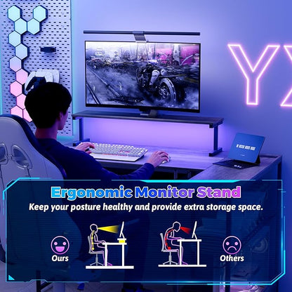 Computer Desk, L Shaped Gaming Desk with Monitor Stand & Storage Shelf & LED Light & USB Power Outlet, Reversible Shelves Corner Table with Keyboard Tray for Gaming, Home Office, Study