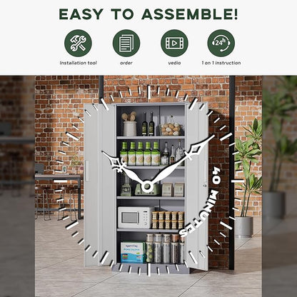 Greenvelly Metal Storage Cabinet, 72" Locking Metal Garage Storage Cabinet with Doors and 4 Adjustable Shelves, Lockable Steel Cabinet for Home Office, Garage, Shop, School (White Grey 32" W x 16" D)