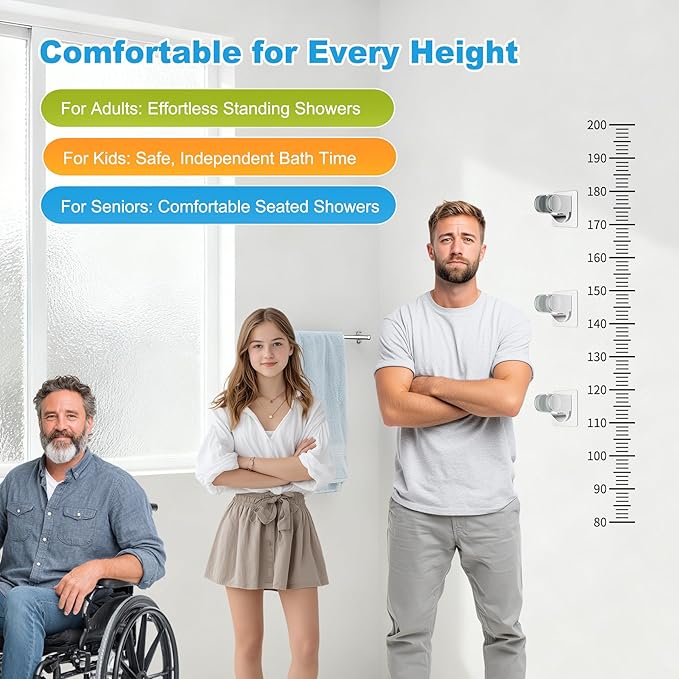 Hibbent Showerhead Holder, Strong Adhesive and Waterproof Handheld Shower Holder and Bracket, Height Adjustable Shower Wand Holder, Wall Mount, No Drilling, Chrome Finish