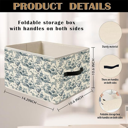 Blue and White Chinoiserie Wildlife Botanical Storage Bin Box with Handles, French Country Toile de Jouy Animal Foldable Organizer Basket Toybox for Home Bedroom Bathroom Clothes Toys Books