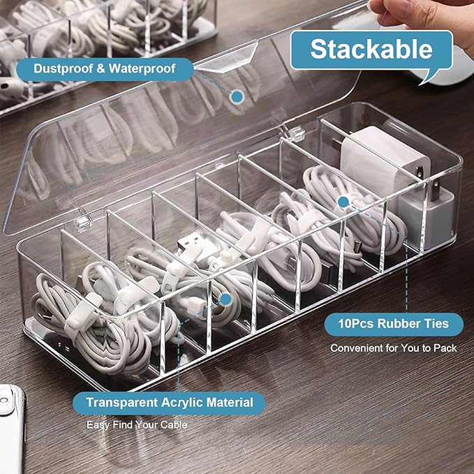 See-Through Cable Organizer Box Wire Management Case Data Cord Organizer Storage,8 Compartment Storage Boxes with 10 Wire Ties,Plastic Clear Lids Terminal Case Small Lipstick Cosmetic Storage Box
