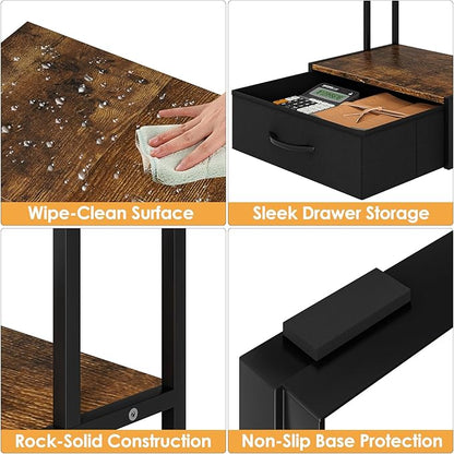Masupu Printer Stand for Desk, Printer Table with Fabric Storage Drawer, 2 Tier Desktop Shelf, Multi-Purpose Desk Organizer for Home Office, 3D Printer, Fax Machine, Scanner, Rustic Brown