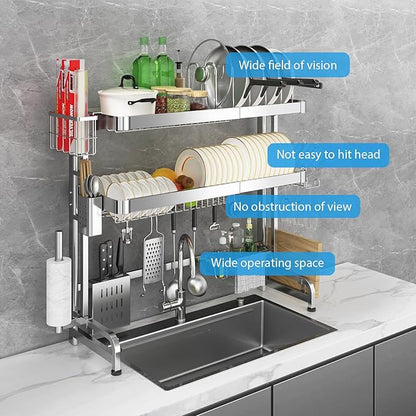 Over The Sink Dish Drainer Drying Rack, Full Stainless Steel 3-Tier Adjustable Length Over Sink Dish Drying Rack, Large Capacity Dish Rack Over Sink for Kitchen Counter, Pots & Pans Rack