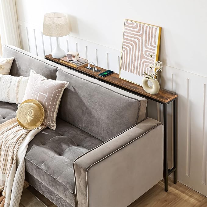 Skinny Console Table with Power Outlets, 55.1" Narrow Sofa Table, Behind Couch Table with Charging Station, Sofa Hallway Table for Plants, Living Room CTHR145E01
