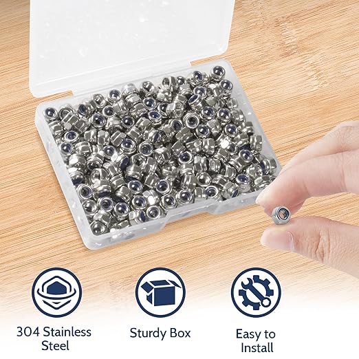 230 Pack M3-0.5mm Nylon Insert Lock Nuts，304 (A2-70) Stainless Steel Locknuts，Standard Metric Thread Nylock Nuts