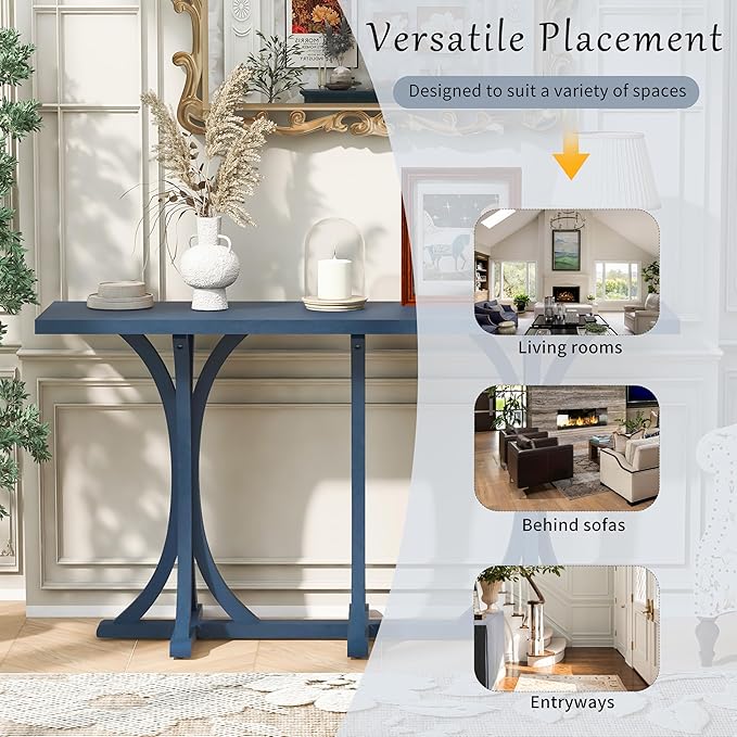 59.8" Wooden Console Table with Oak Veneer Top,Farmhouse Entryway Table with Rubber Wood Slender Curved Legs,Perfect for Living Room,Entryway,Hallway,Navy Blue