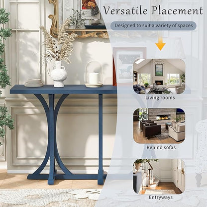 59.8" Wooden Console Table with Oak Veneer Top,Farmhouse Entryway Table with Rubber Wood Slender Curved Legs,Perfect for Living Room,Entryway,Hallway,Navy Blue