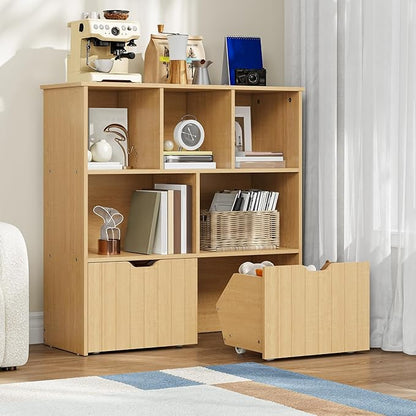 HOOBRO Toy Storage Organizer, Toy Organizers and Storage with 2 Movable Drawers and 5 Cubbies, Kids Bookshelf and Toy Storage for Books or Dolls, Toy Shelf for Playroom, Natural NL88CW01