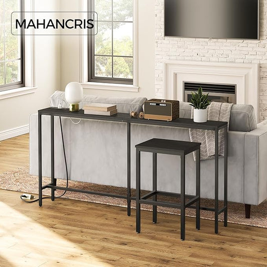63" Console Table with Power Outlet, Narrow Sofa Table, Industrial Entryway Table with USB Ports, Behind Couch for Entryway, Hallway, Foyer, Living Room, Black CTHB16E01