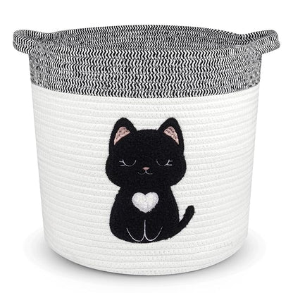 Black Cat Storage Basket - Woven Cotton Rope Basket with Soft Felt Patch, Foldable Organizer for Nursery, Pet Toys & Laundry, Gift & Home Decor (11.8 Inch, Washable)
