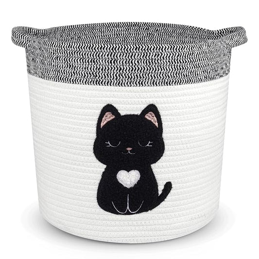 Black Cat Storage Basket - Woven Cotton Rope Basket with Soft Felt Patch, Foldable Organizer for Nursery, Pet Toys & Laundry, Gift & Home Decor (11.8 Inch, Washable)