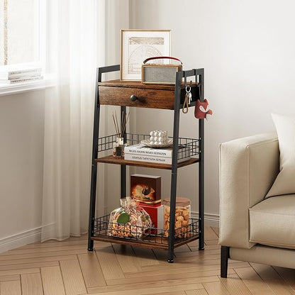 3-Tier Ladder Shelf with Drawer, Bathroom Table Stand for Small Space, Bathroom Standing Shelves with Storage for Living Room Bedroom Kitchen, Organizer Shelf, Rustic Brown