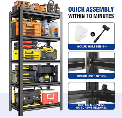 Metal Garage Shelving Unit，Adjustable Metal Rack with 5 Heavy-Duty Units, Suitable for Home Garages, Kitchens, Pantry, and Bookshelves (63" H x 23.6" W x 13.8" D)