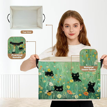 Floral Black Cat Green Meadow Storage Box Bins, Wildflower Filed Black Cat Collapsible Storage Basket Organizer for Girls Bedroom Laundry Room Home Clothes Toys Books, Toybox for Girls