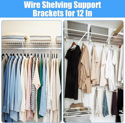 12 Inch Wire Shelf Support Brackets, 12 Pack Metal Support Brackets for Wire Shelving with Anchors and Screws, Closet Support Bracket for Wardrobe Wall Bracket Wire Shelves Racks