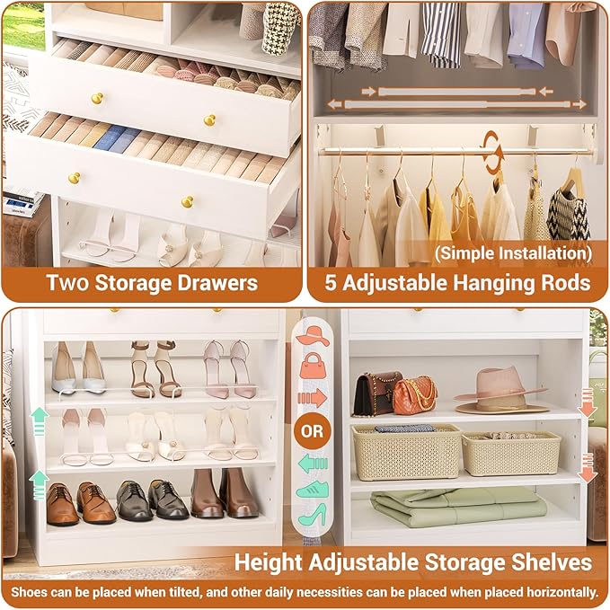 Closet System with 2 Drawers, 5 Hanging Robs, 4 Adjustable Shelves, 90.5"*31.5" Closet Organizer System with Corner Tower, L-shape Walk-in Closet System, Corner Closet System Set of 2, White