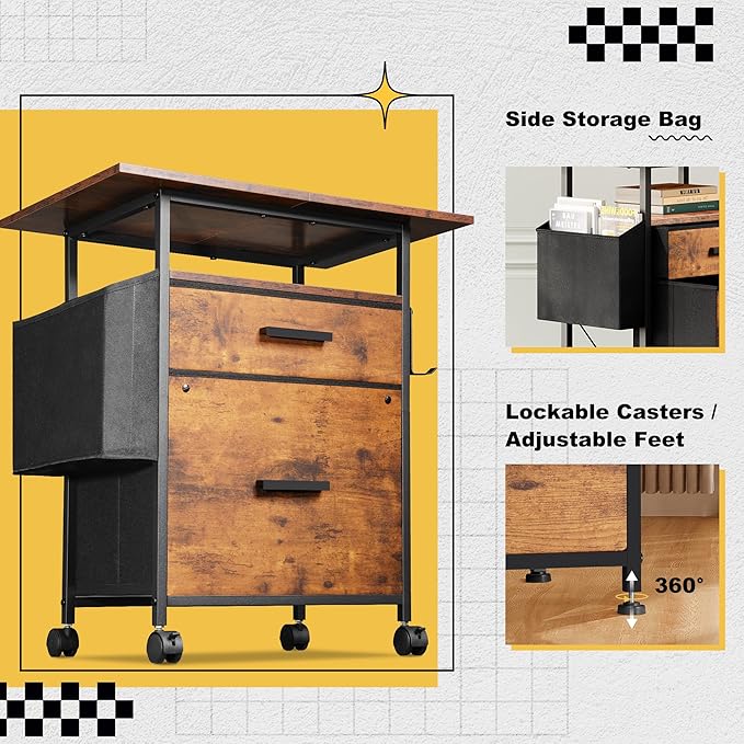 File Cabinet Printer Stand, Fabric Mobile Filing Cabinet with 2 Storage Drawers, for Hanging A4, Letter Size File Folders, Open Shelf with Storage Bag and Hooks Home Office, Rustic Brown