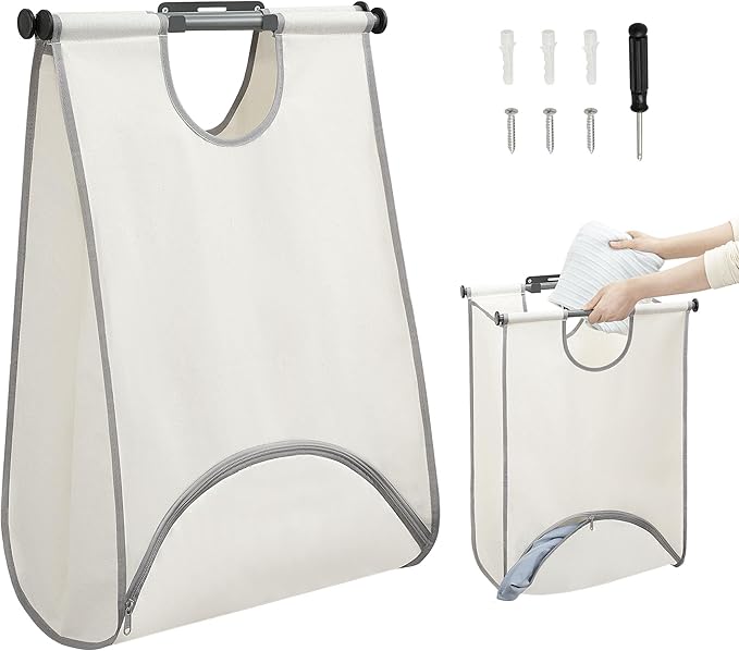 STORAGE MANIAC Wall Mount Laundry Hamper, Hanging Laundry Bag with Bottom Zipper Opening, Space Saver Dirty Clothes Hamper with Wall Anchor, Laundry Clothes Bin for College, Dorm, RV, White