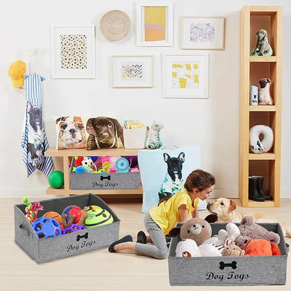 Geyecete 3 Pack Large dog toy bin dog toy box storage box - Foldable Fabric Trapezoid Organizer Boxes with Handle for Dog Toys (Snow Gray-DOG)