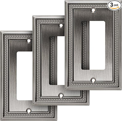 Henne Bery Sunken Pearls Heavy Duty Decorative Wall Plate Switch Plate Outlet Cover (Single Decorator, 3 Pack, Heirloom Silver)