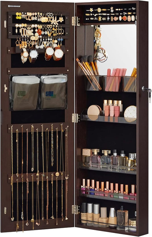 SONGMICS Jewelry Cabinet Armoire, Wall or Door Mount Storage Organizer with Full-Length Frameless Mirror, Lockable Cabinet with Built-in Small Mirror, Shelves, Gift Idea, Brown UJJC003K01
