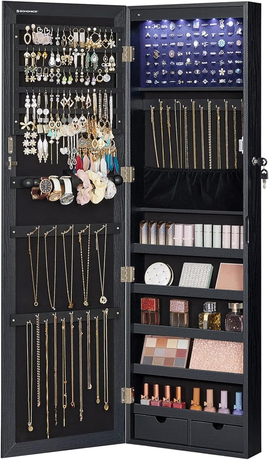 SONGMICS 6 LEDs Mirror Jewelry Cabinet, 47.2-Inch Tall Lockable Wall or Door Mounted Jewelry Armoire Organizer with Mirror, 2 Drawers, 3.9 x 14.6 x 47.2 Inches, Black UJJC093B01